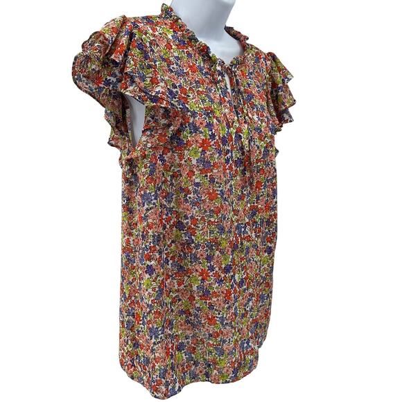 1.State Ruffled Top Sz M Carmine Rose Multicolor Floral Flutter Sleeve Tie Neck - Picture 2 of 10
